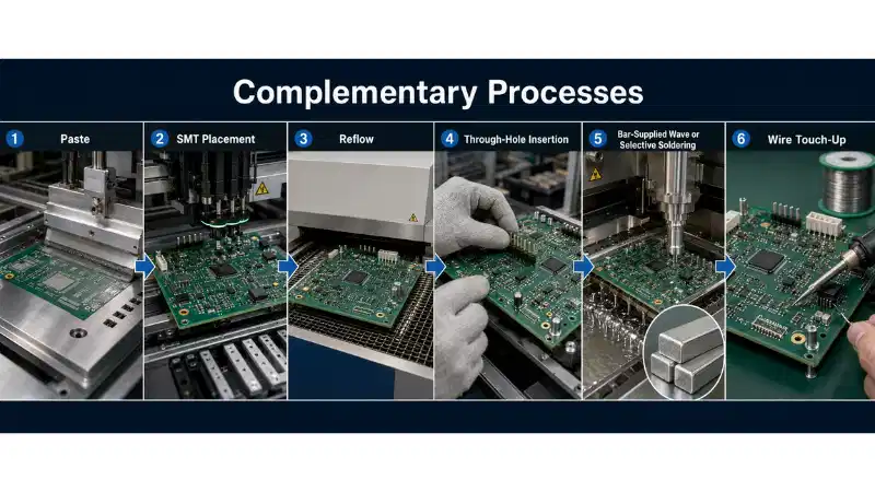 Mixed-technology PCB production workflow using solder paste for SMT, solder bar for through-hole production and solder wire for touch-up. Mixed-technology PCB production workflow using solder paste for SMT, solder bar for through-hole production and solder wire for touch-up.